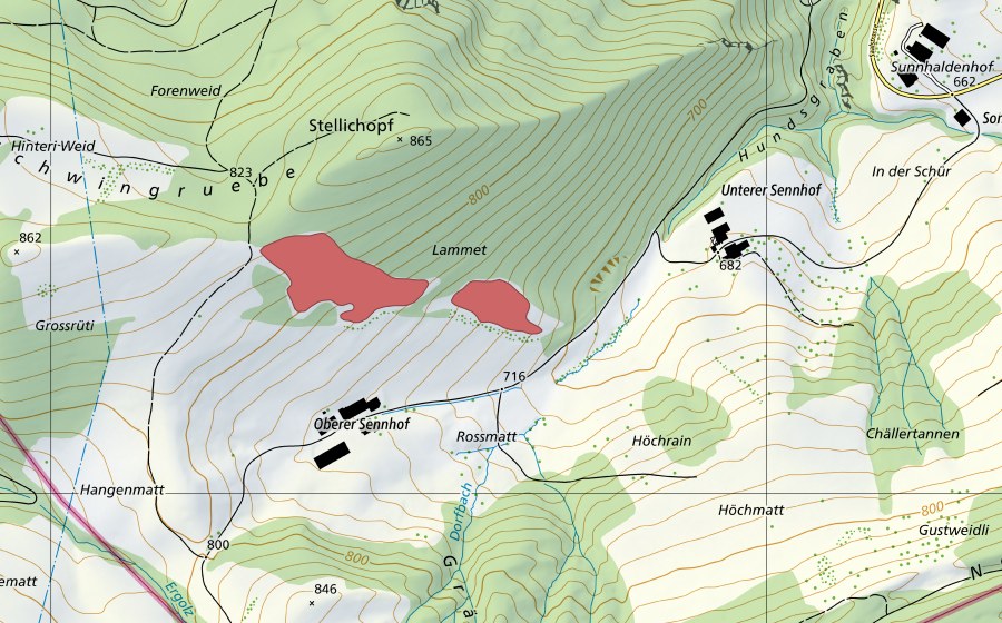 Landeskarte swisstopo mit dem Schutzperimeter von Lammet (Trockenwiese)