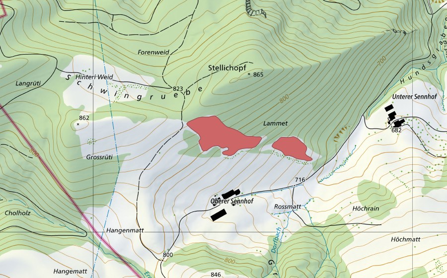 Carte nationale swisstopo avec le périmètre protégé de Lammet (Prairie sèche)