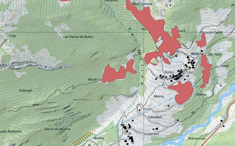 swisstopo national map showing the protected perimeter of Lan Pensa da Rutic (Dry meadow)