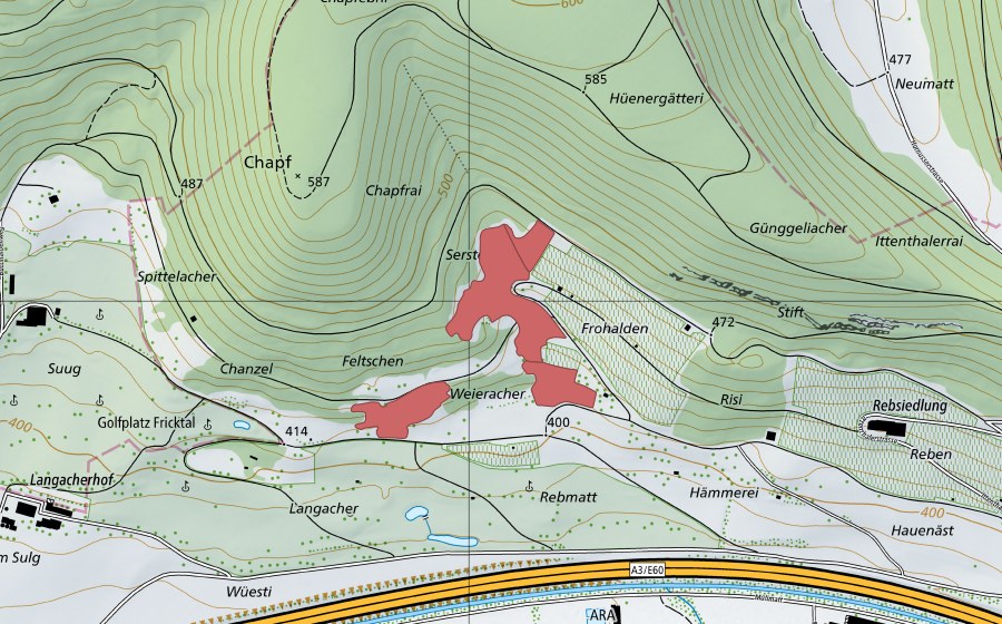Carte nationale swisstopo avec le périmètre protégé de Langenacher (Prairie sèche)