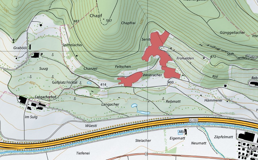Carte nationale swisstopo avec le périmètre protégé de Langenacher (Prairie sèche)