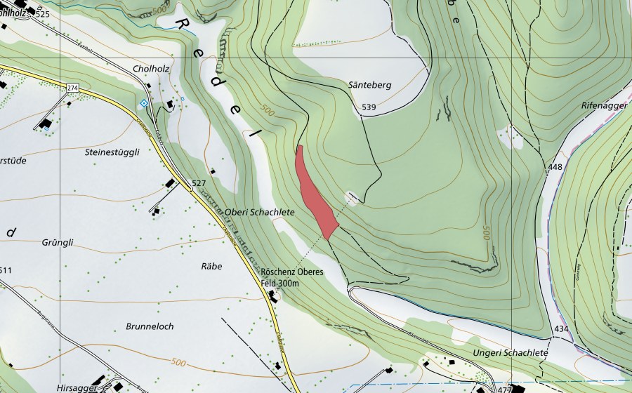 Landeskarte swisstopo mit dem Schutzperimeter von Langenrain (Trockenwiese)