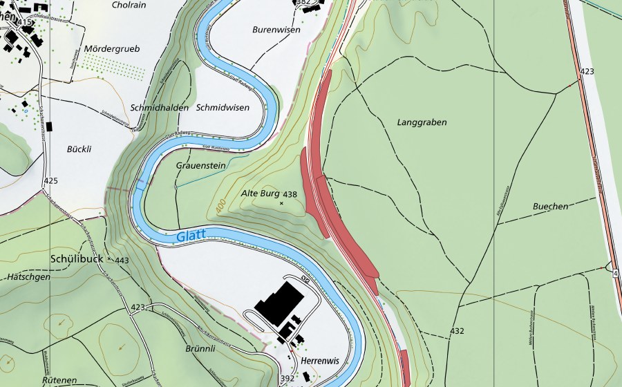 Landeskarte swisstopo mit dem Schutzperimeter von Langgraben (Trockenwiese)