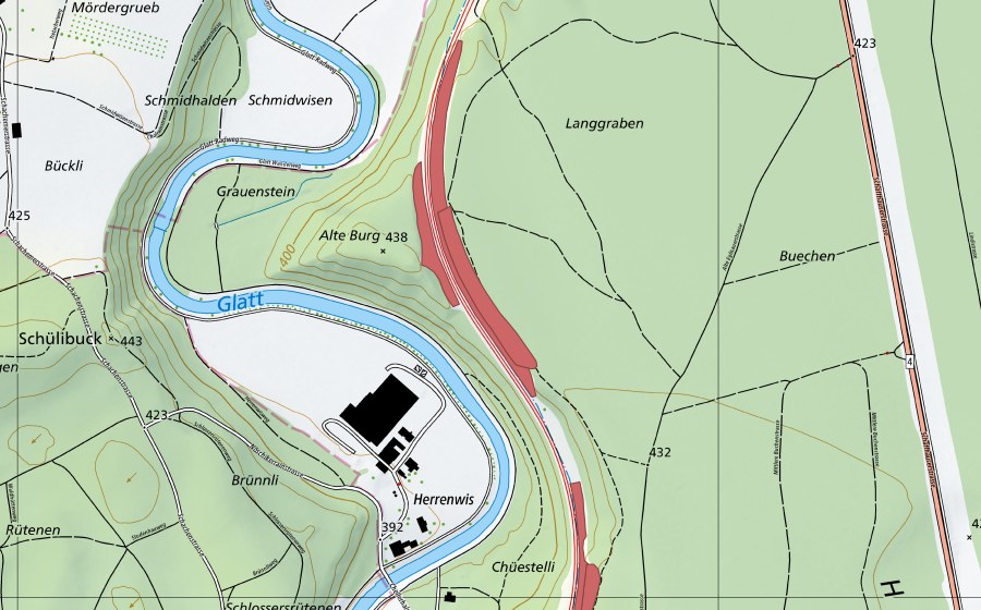 Landeskarte swisstopo mit dem Schutzperimeter von Langgraben (Trockenwiese)