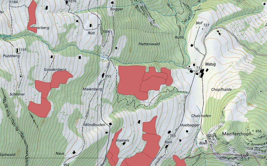 Carte nationale swisstopo avec le périmètre protégé de Langhalde (Prairie sèche)