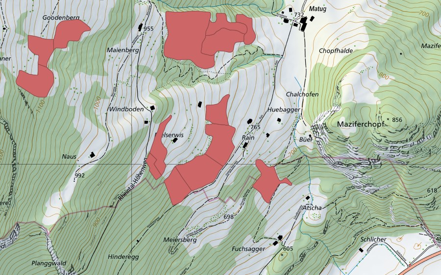 Carte nationale swisstopo avec le périmètre protégé de Langhalde (Prairie sèche)