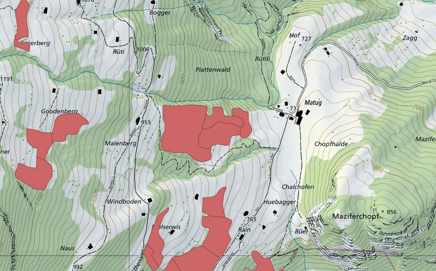 Carte nationale swisstopo avec le périmètre protégé de Langhalde (Prairie sèche)