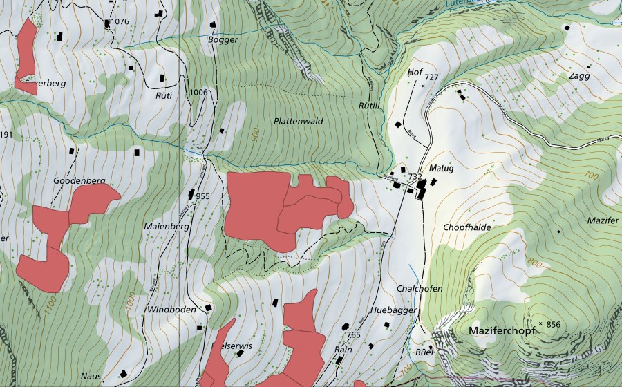 Carte nationale swisstopo avec le périmètre protégé de Langhalde (Prairie sèche)