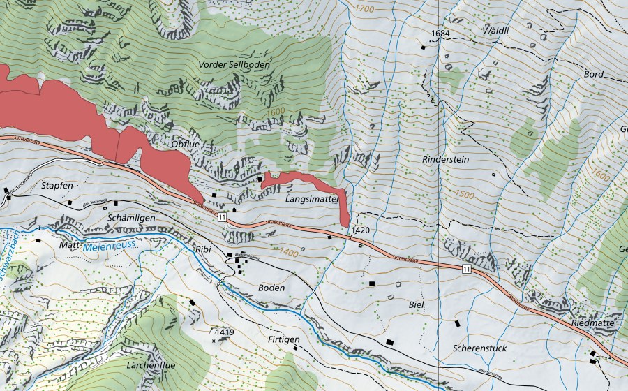 Carte nationale swisstopo avec le périmètre protégé de Langsimatten (Prairie sèche)