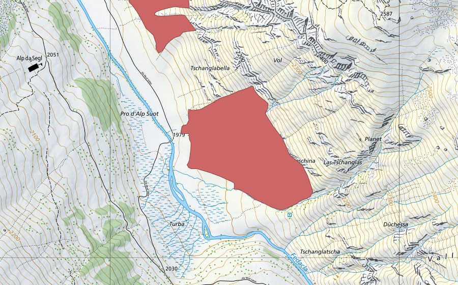 swisstopo national map showing the protected perimeter of Las Tschanglas (Dry meadow)