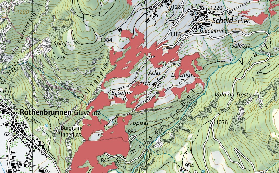 Landeskarte swisstopo mit dem Schutzperimeter von Laschignas (Trockenwiese)