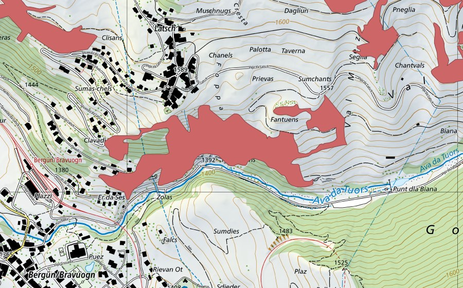 Landeskarte swisstopo mit dem Schutzperimeter von Latschs (Trockenwiese)