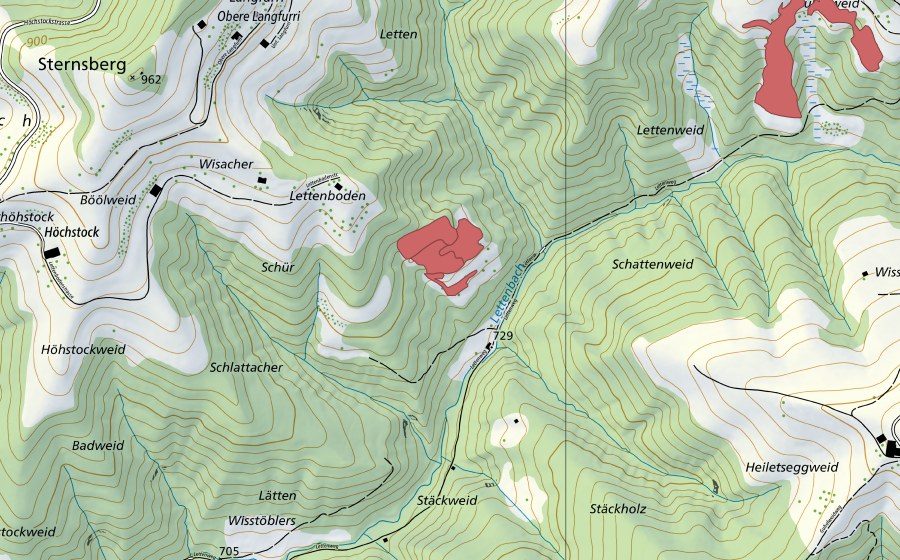 swisstopo national map showing the protected perimeter of Lätten (Dry meadow)