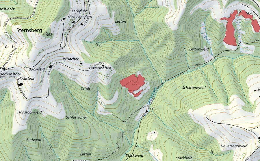 Carte nationale swisstopo avec le périmètre protégé de Lätten (Prairie sèche)