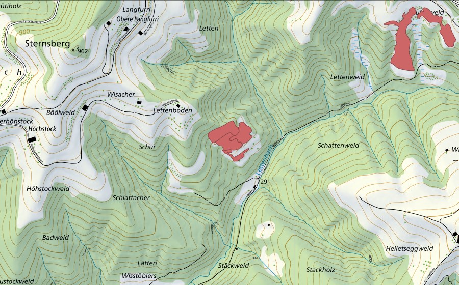 Landeskarte swisstopo mit dem Schutzperimeter von Lätten (Trockenwiese)