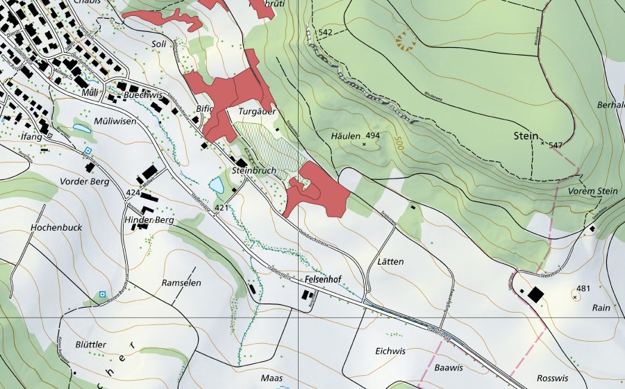 Landeskarte swisstopo mit dem Schutzperimeter von Lätten Felsenhof (Trockenwiese)
