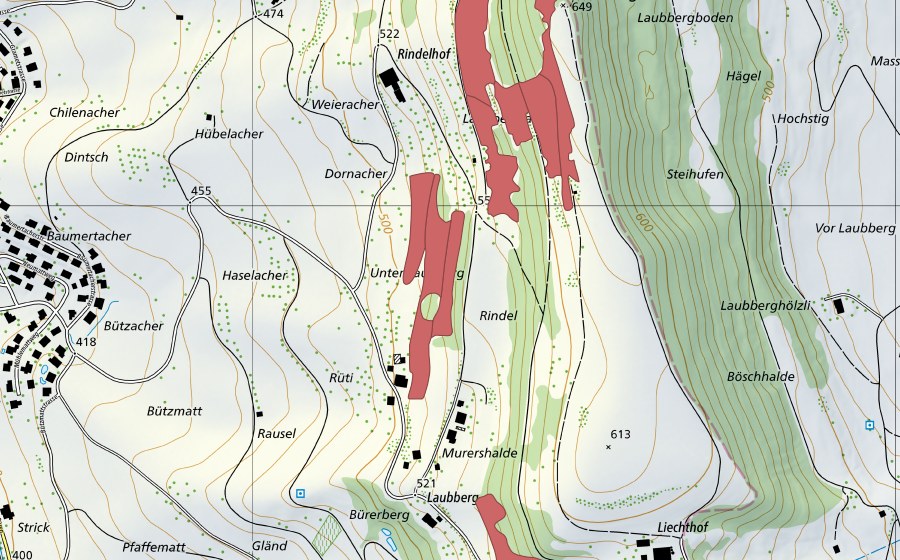 Carte nationale swisstopo avec le périmètre protégé de Laubberg (Prairie sèche)
