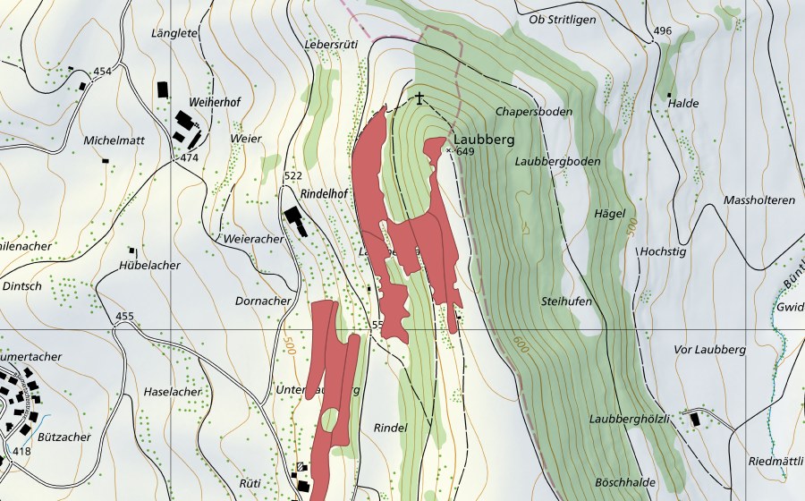 Carte nationale swisstopo avec le périmètre protégé de Laubberg (Prairie sèche)