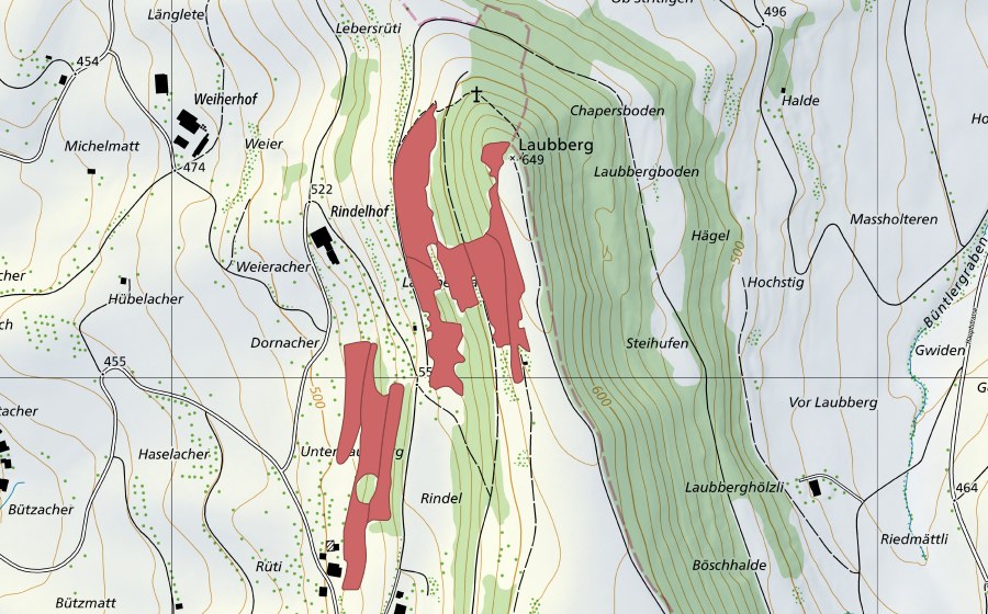 Carte nationale swisstopo avec le périmètre protégé de Laubberg (Prairie sèche)