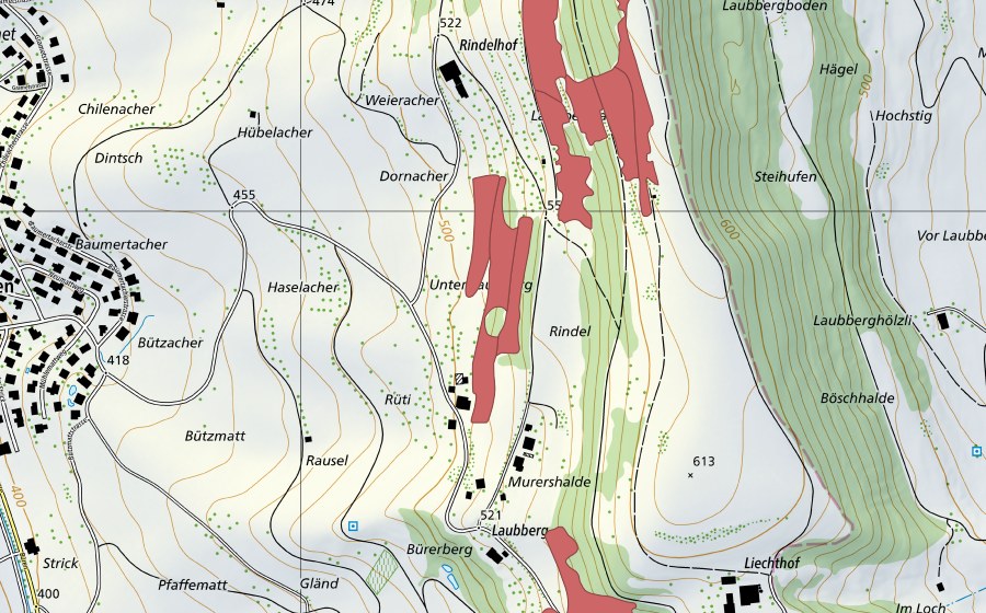 Carte nationale swisstopo avec le périmètre protégé de Laubberg (Prairie sèche)