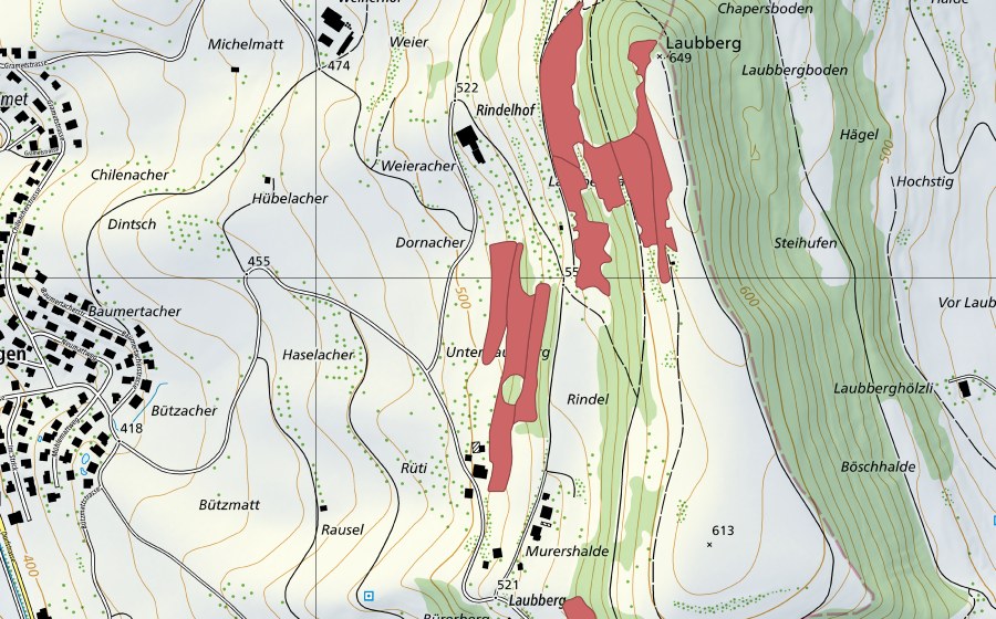 Carte nationale swisstopo avec le périmètre protégé de Laubberg (Prairie sèche)