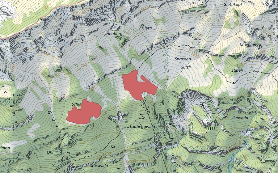 swisstopo national map showing the protected perimeter of Laubegg (Dry meadow)