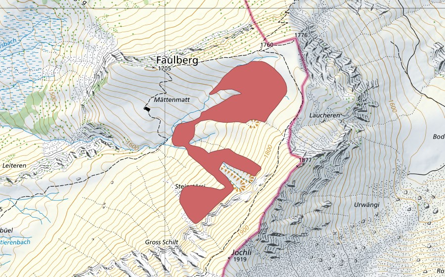 swisstopo national map showing the protected perimeter of Laucheren (Dry meadow)