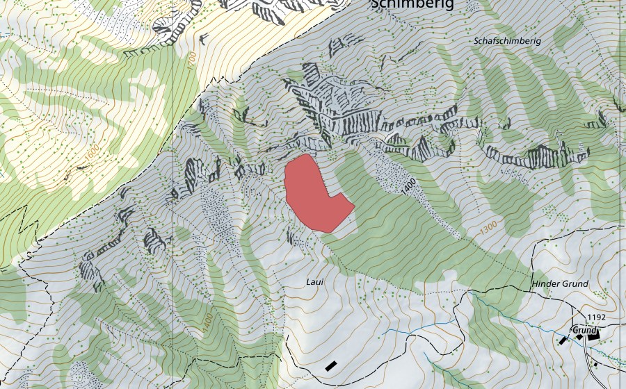 Landeskarte swisstopo mit dem Schutzperimeter von Laui (Trockenwiese)