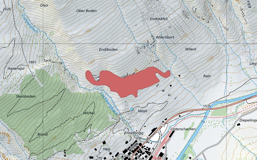 Landeskarte swisstopo mit dem Schutzperimeter von Laui (Trockenwiese)