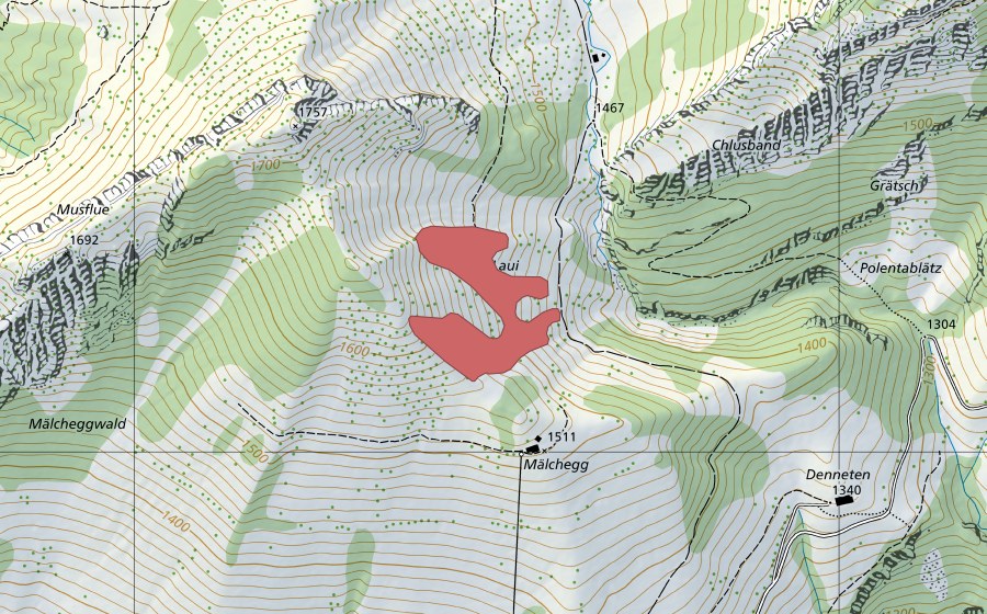 Carte nationale swisstopo avec le périmètre protégé de Laui (Prairie sèche)