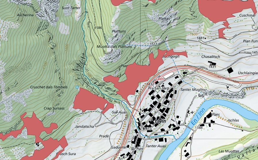 Carte nationale swisstopo avec le périmètre protégé de Lavin (Prairie sèche)
