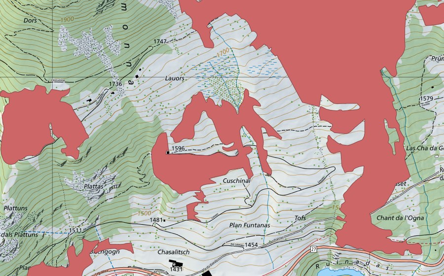 Landeskarte swisstopo mit dem Schutzperimeter von Lavuors (Trockenwiese)