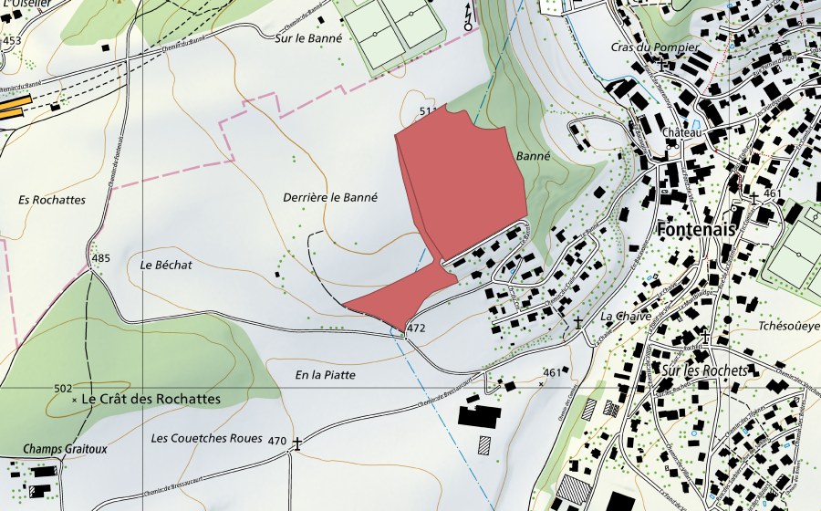Carte nationale swisstopo avec le périmètre protégé de Le Banné (Prairie sèche)