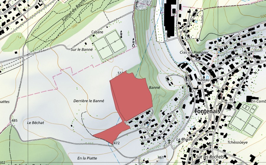Carte nationale swisstopo avec le périmètre protégé de Le Banné (Prairie sèche)