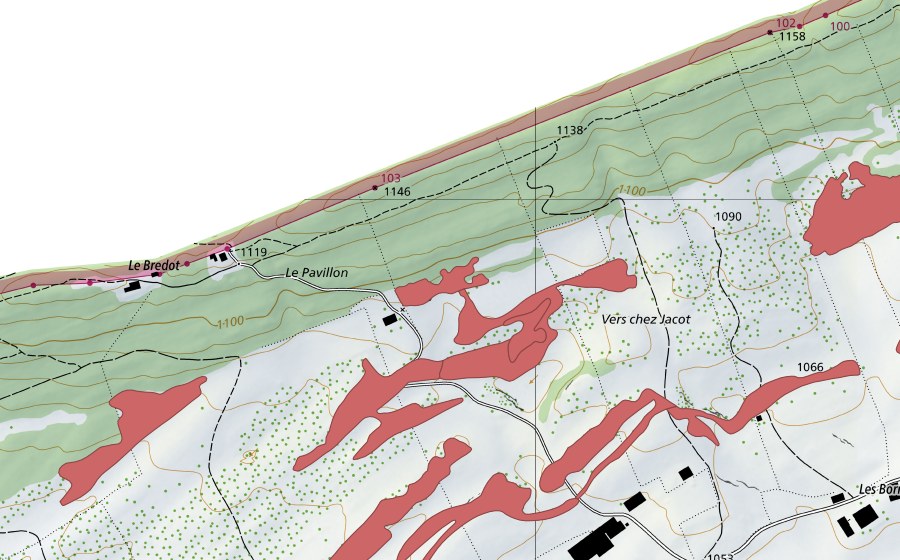 Landeskarte swisstopo mit dem Schutzperimeter von Le Barthélemy (Trockenwiese)