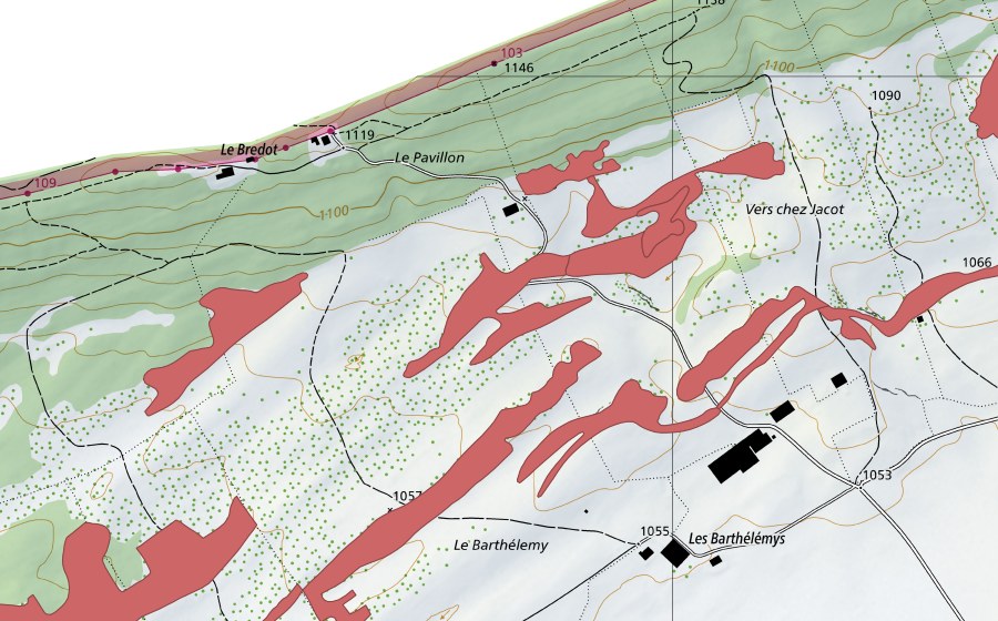 Landeskarte swisstopo mit dem Schutzperimeter von Le Barthélemy (Trockenwiese)