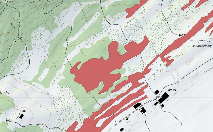 swisstopo national map showing the protected perimeter of Le Barthélemy (Dry meadow)