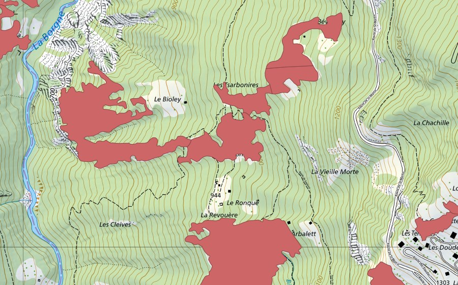 swisstopo national map showing the protected perimeter of Le Bioley (Dry meadow)