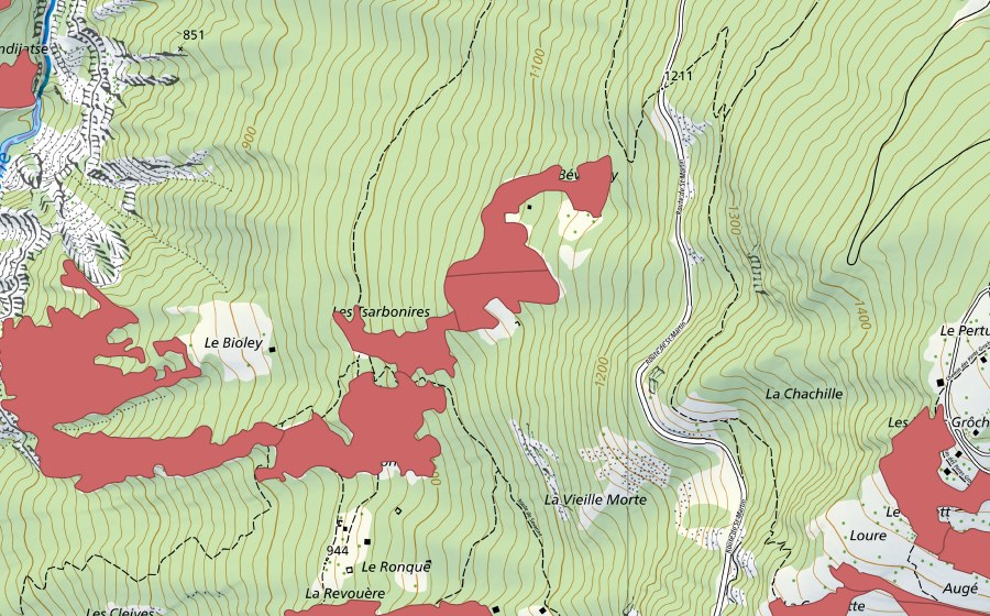 Carte nationale swisstopo avec le périmètre protégé de Le Bioley (Prairie sèche)