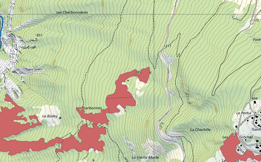 swisstopo national map showing the protected perimeter of Le Bioley (Dry meadow)