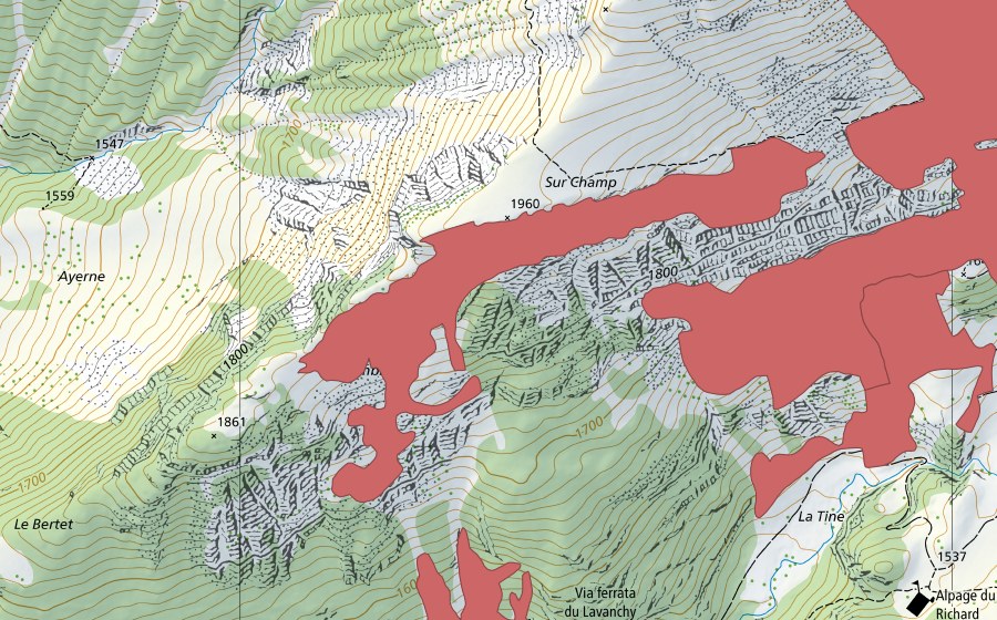 Landeskarte swisstopo mit dem Schutzperimeter von Le Botsa (Trockenwiese)