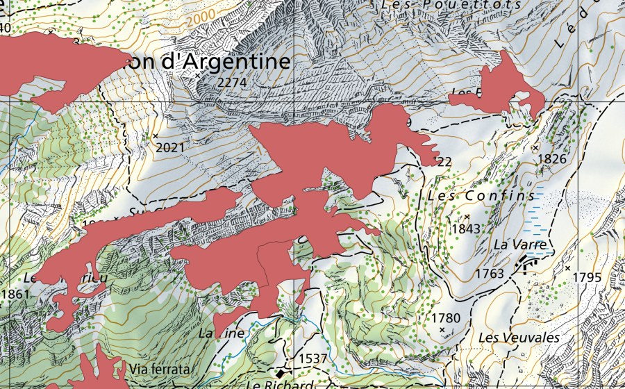 swisstopo national map showing the protected perimeter of Le Botsa (Dry meadow)