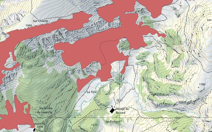 Landeskarte swisstopo mit dem Schutzperimeter von Le Botsa (Trockenwiese)