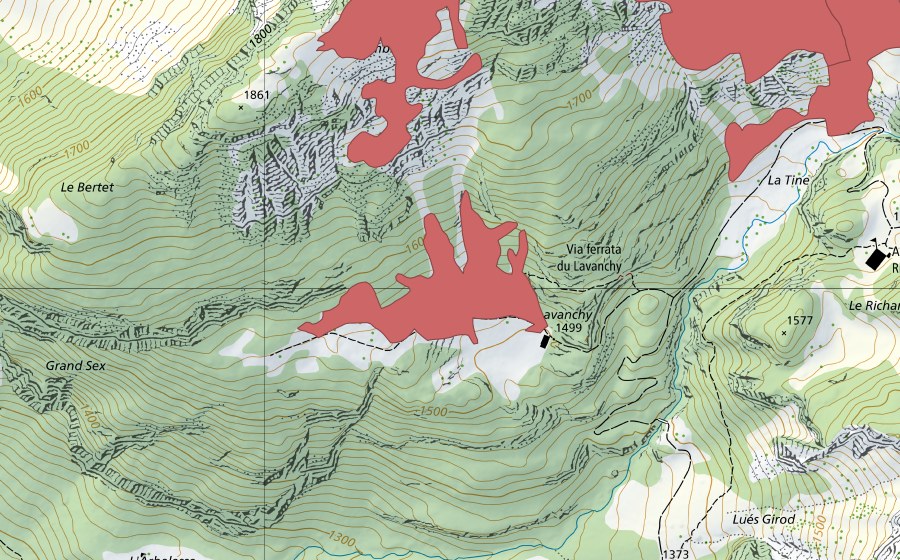 Landeskarte swisstopo mit dem Schutzperimeter von Le Botsa (Trockenwiese)