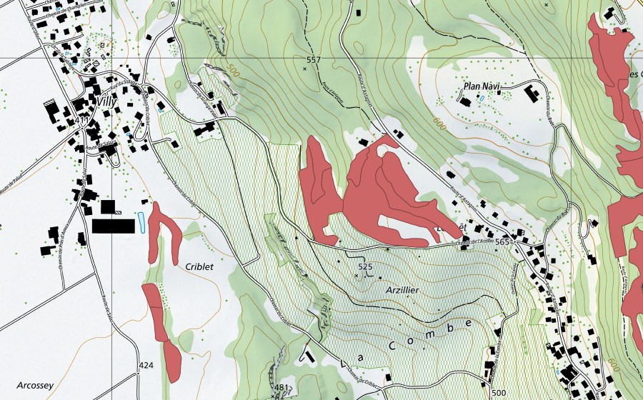 Landeskarte swisstopo mit dem Schutzperimeter von Le Bouet (Trockenwiese)