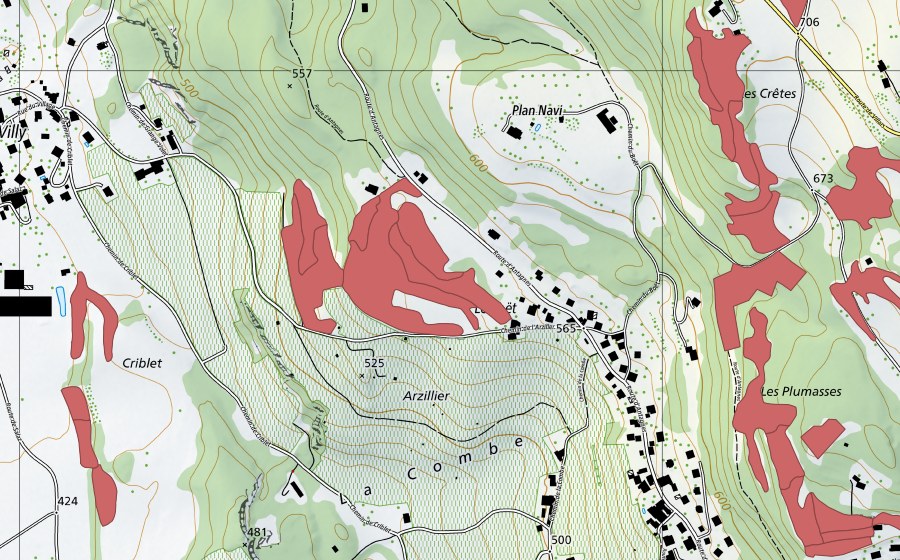 swisstopo national map showing the protected perimeter of Le Bouet (Dry meadow)