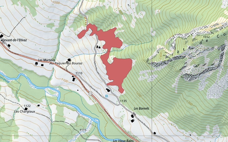 Carte nationale swisstopo avec le périmètre protégé de Le Boura (Prairie sèche)