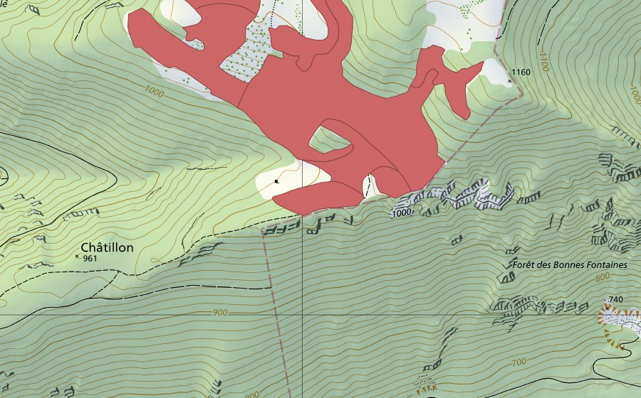 swisstopo national map showing the protected perimeter of Le Brahon (Dry meadow)