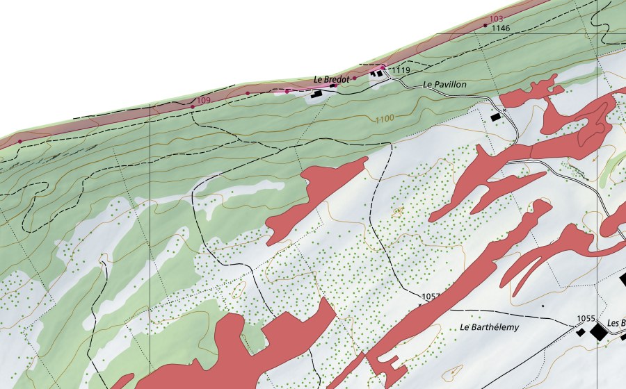 Carte nationale swisstopo avec le périmètre protégé de Le Bredot (Prairie sèche)