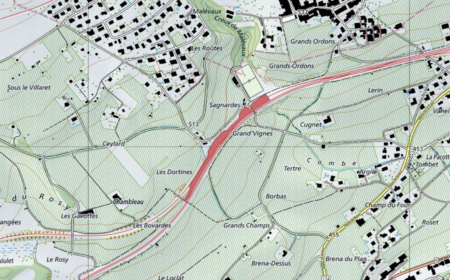 Carte nationale swisstopo avec le périmètre protégé de Le Ceylard (Prairie sèche)
